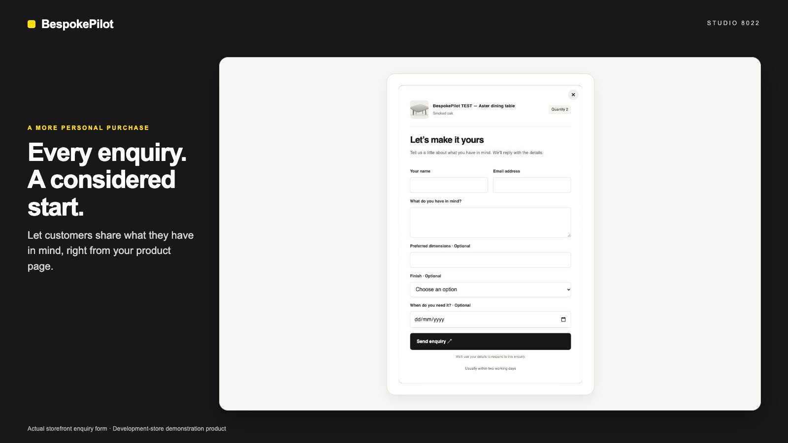 BespokePilot storefront enquiry form with a demonstration product