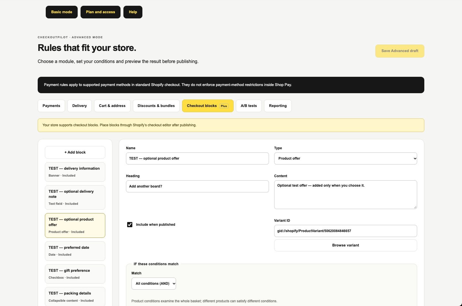 CheckoutPilot Advanced checkout-block dashboard with a conditional product offer