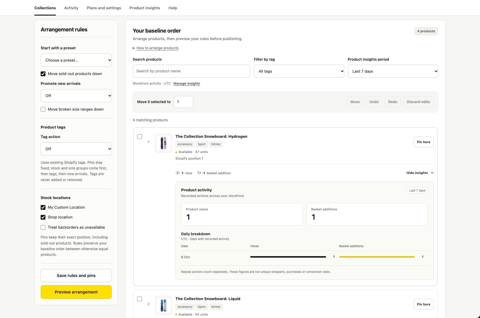 CollectionPilot editor showing arrangement rules and daily product activity