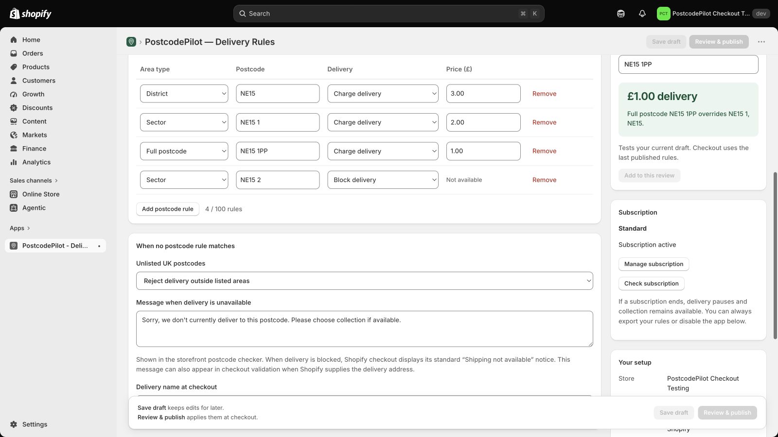 PostcodePilot settings for unlisted postcodes and the unavailable-delivery message