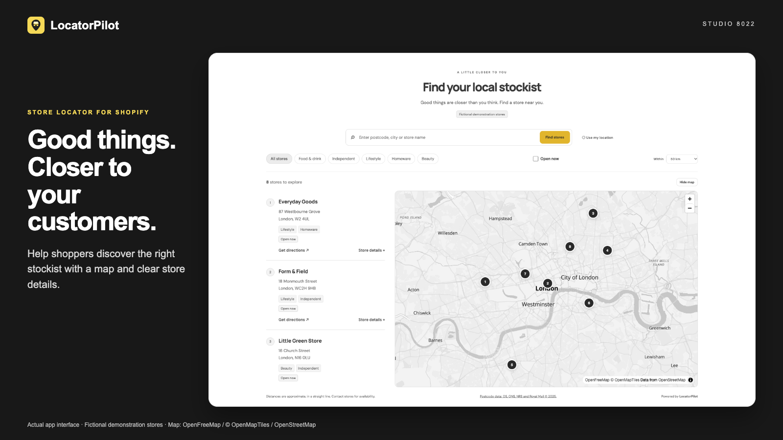 LocatorPilot map and store list with fictional demonstration stockists
