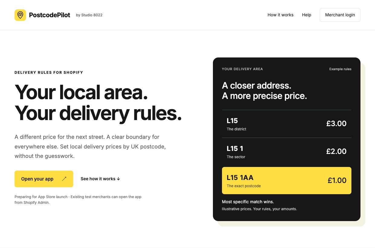 PostcodePilot public product overview with example postcode delivery prices