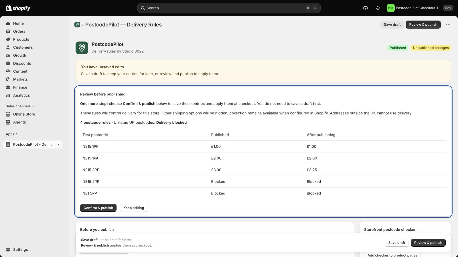 A real review screen comparing draft prices with published rules